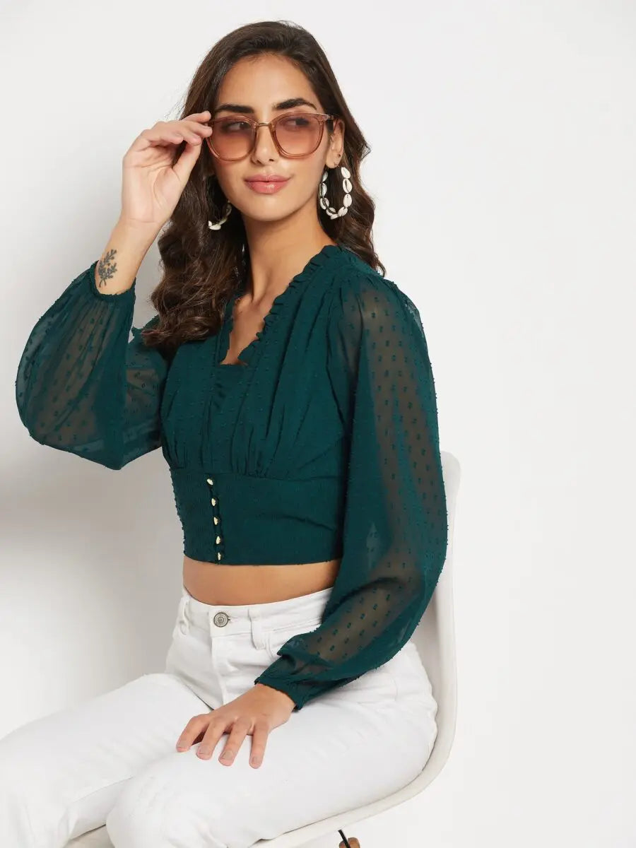 winered-green-cotton-tops-for-women-frill-neck-crop-top