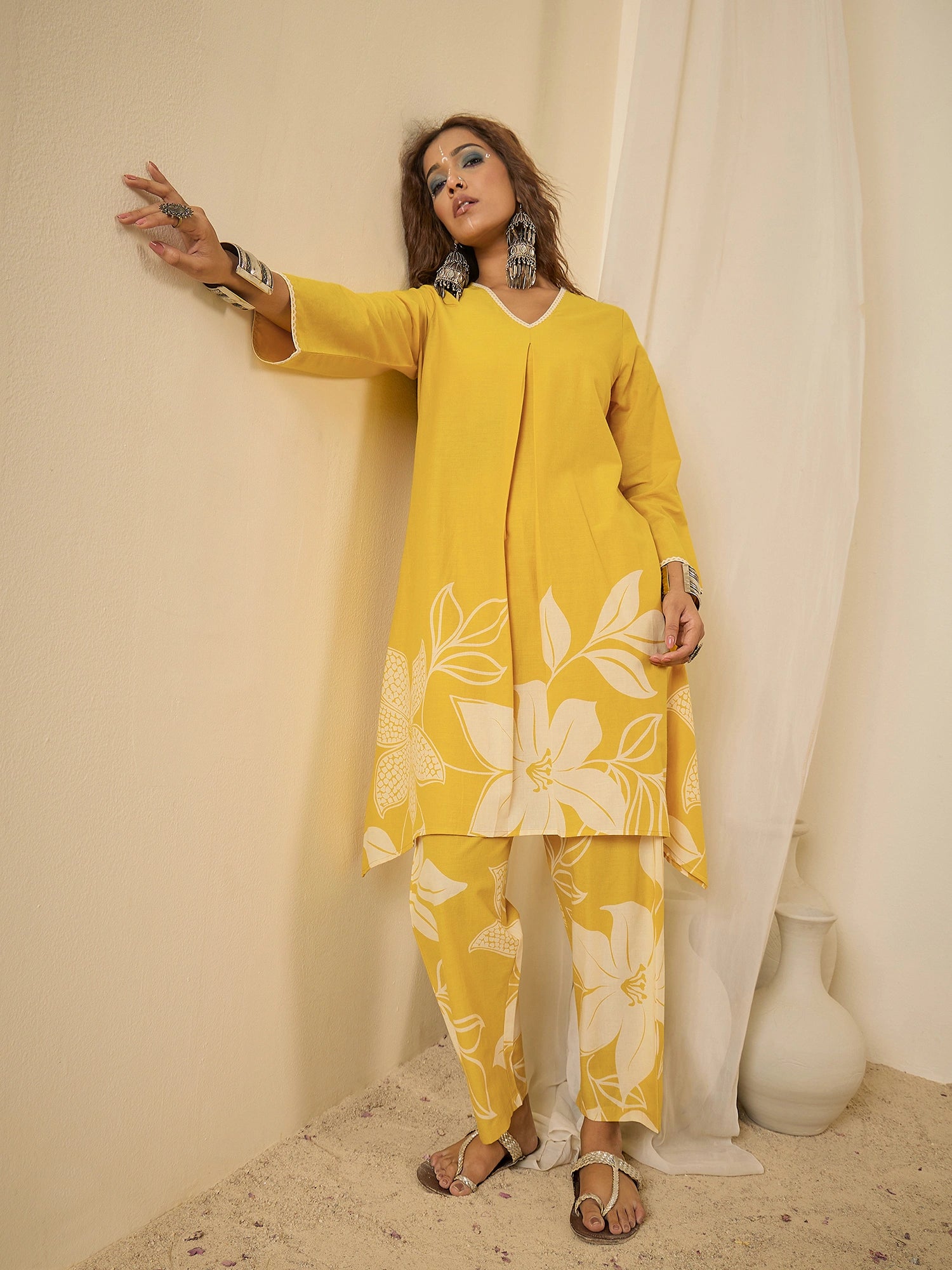 women-cotton-yellow-floral-print-asymmetric-tunic-co-ord-set