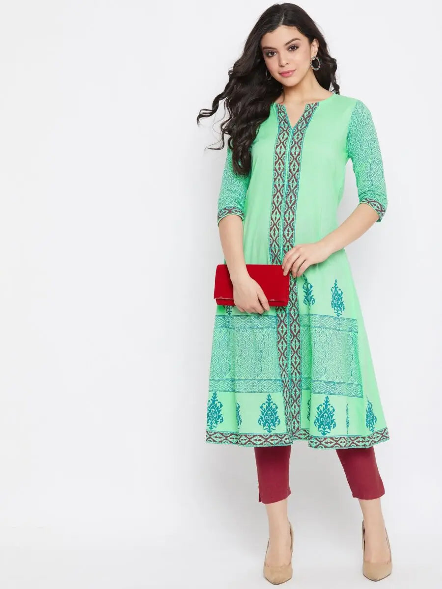 winered-light-green-a-line-cotton-paisley-kurta