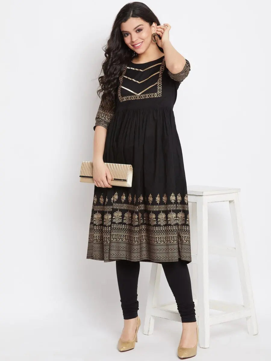 winered-black-flared-cotton-floral-print-kurta