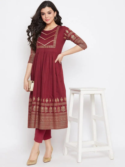winered-maroon-flared-cotton-floral-print-kurta