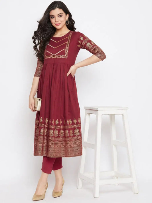 winered-maroon-flared-cotton-floral-print-kurta
