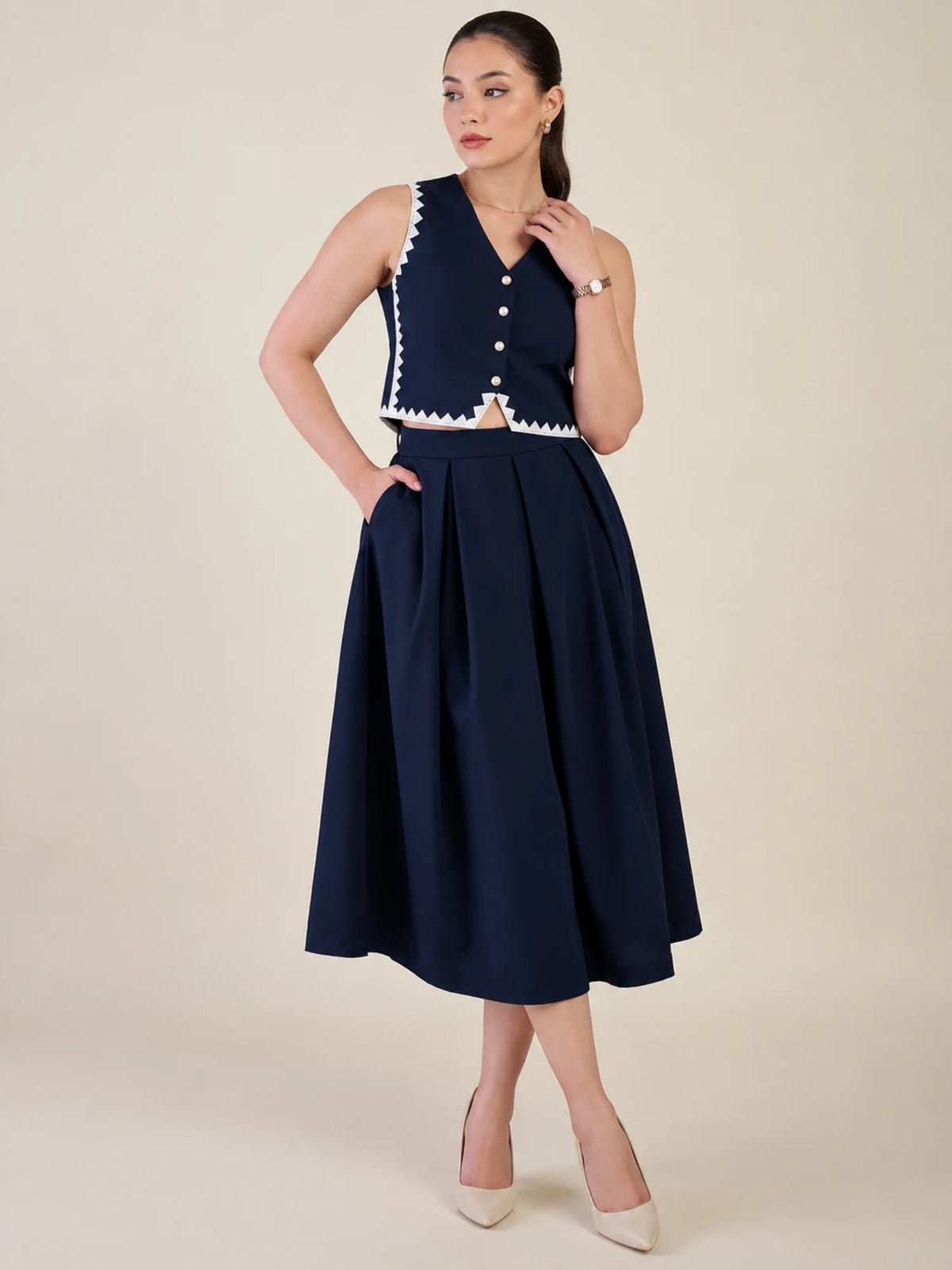 Women Navy Blue Vest & Skirt Co-ord Set