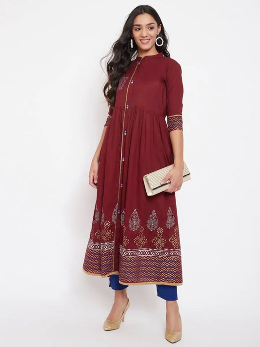 winered-maroon-flared-cotton-printed-kurta