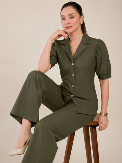 Women Olive Green Puff Sleeves Co-ord Set