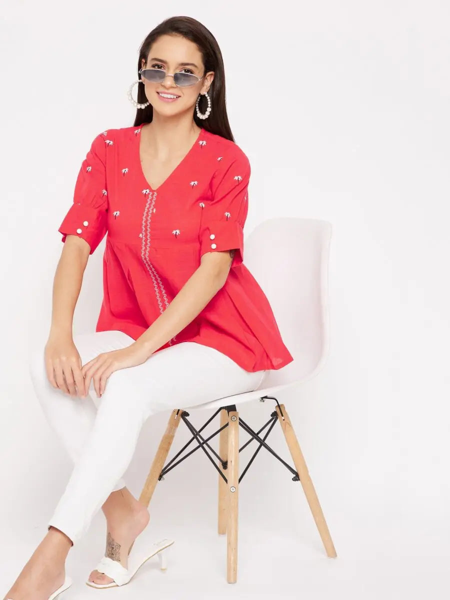 winered-red-a-line-cotton-embroidered-top