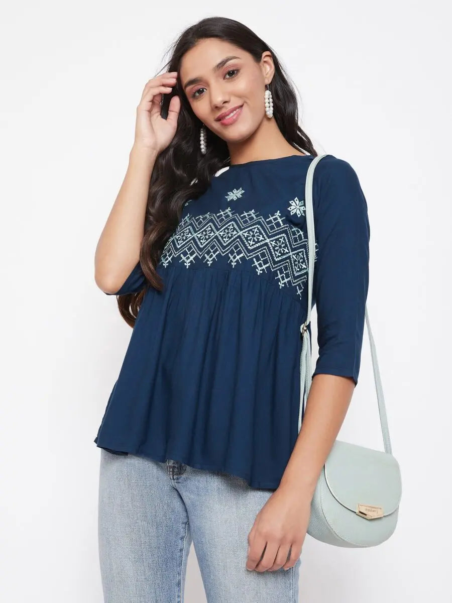 winered-navy-blue-embroidered-rayon-empire-waist-top