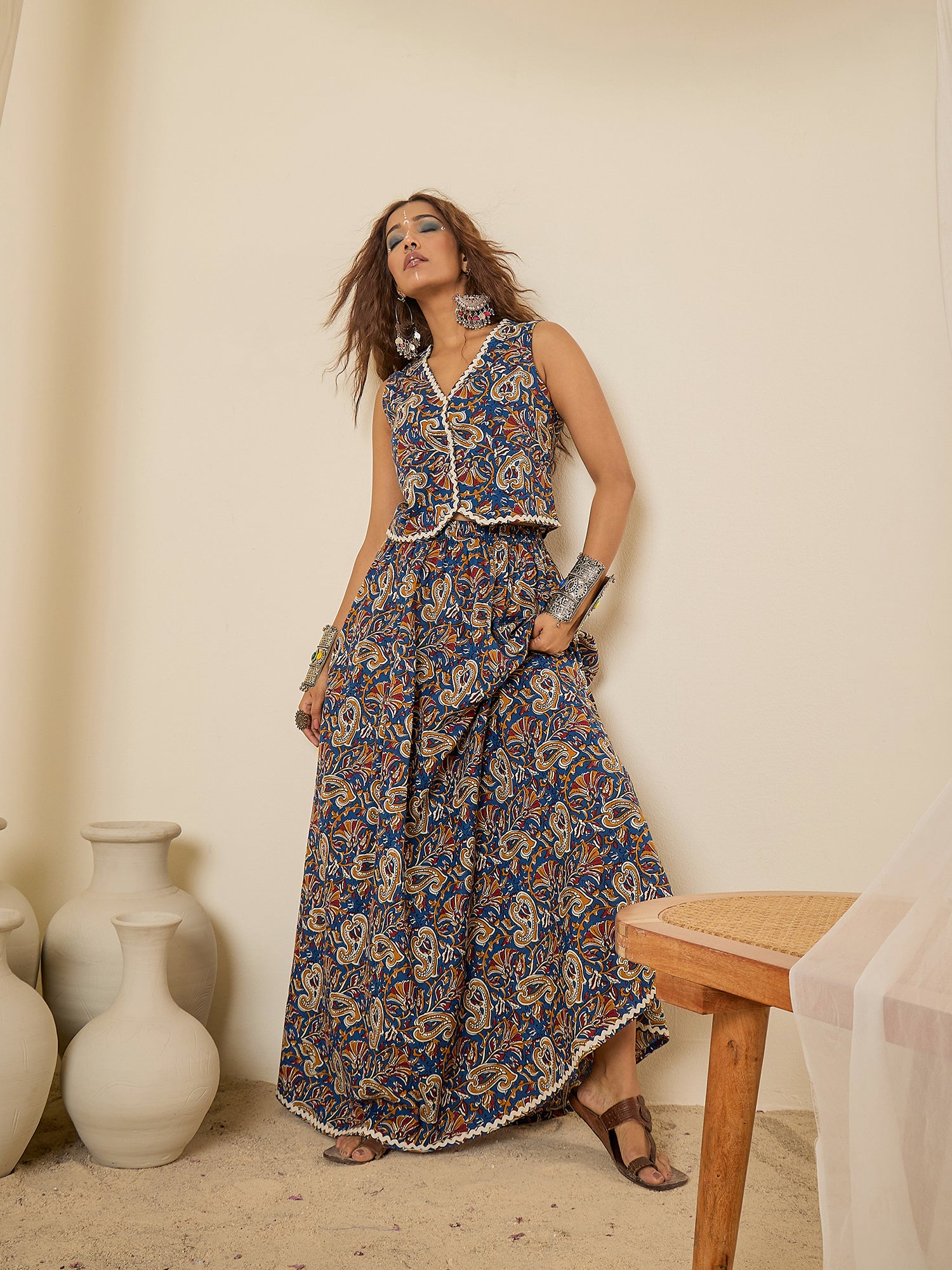 women-blue-cotton-lace-detailing-waistcoat-with-skirt-co-ord-set