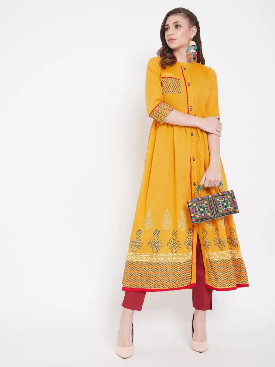 winered-yellow-flared-cotton-block-printed-kurta