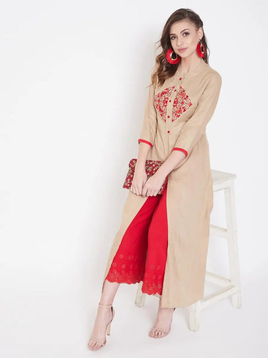 winered-beige-a-line-rayon-embroidered-kurta