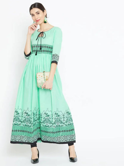 winered-green-flared-cotton-blend-block-print-kurta