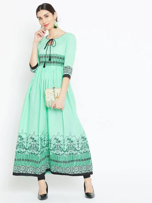 winered-green-flared-cotton-blend-block-print-kurta