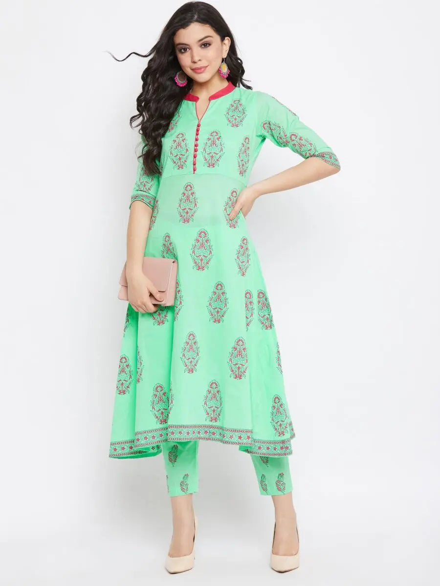 winered-green-a-line-cotton-printed-kurta-and-pant-set
