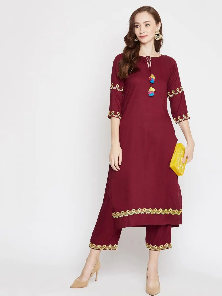 winered-maroon-straight-rayon-embroidered-kurta-and-palazzo-set