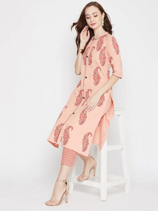 winered-peach-straight-cotton-printed-kurta-and-pant-set