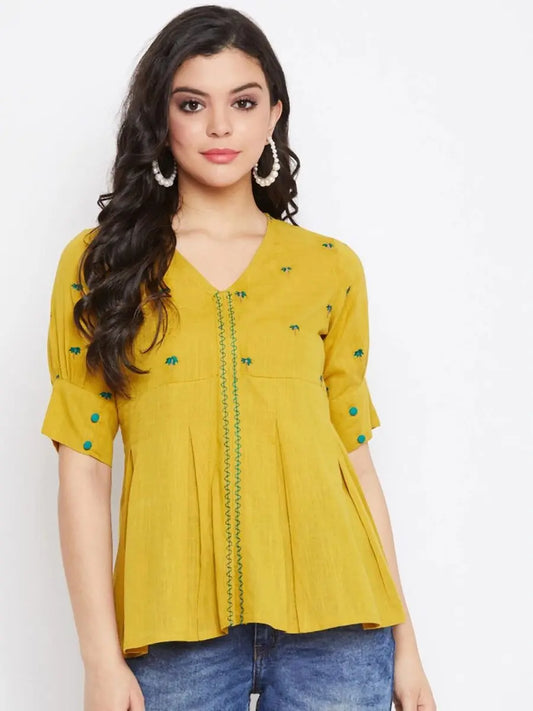 winered-mustard-embroidered-cotton-regular-top