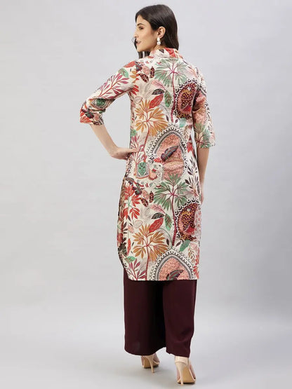 winered-women-beige-peacock-print-embroidered-neck-kurta