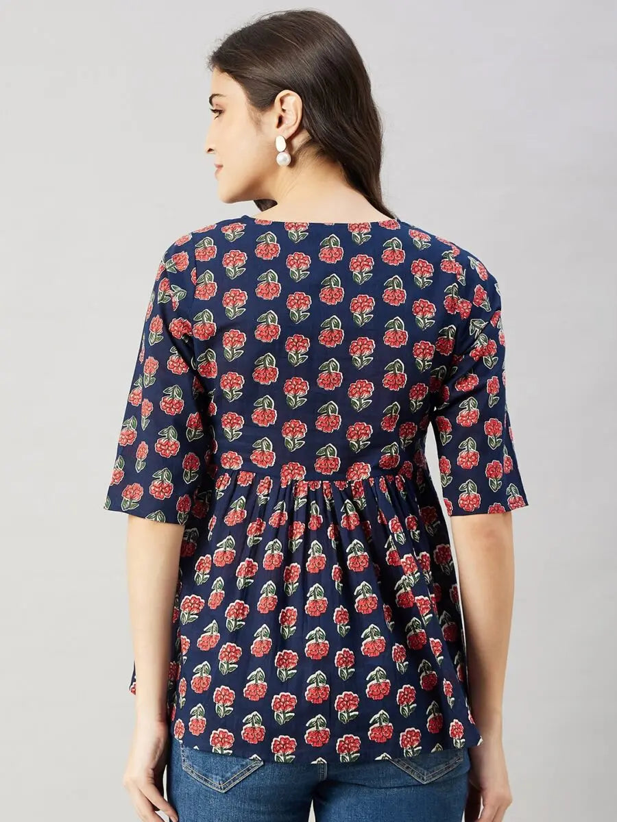 winered-women-blue-floral-print-yoke-lace-top