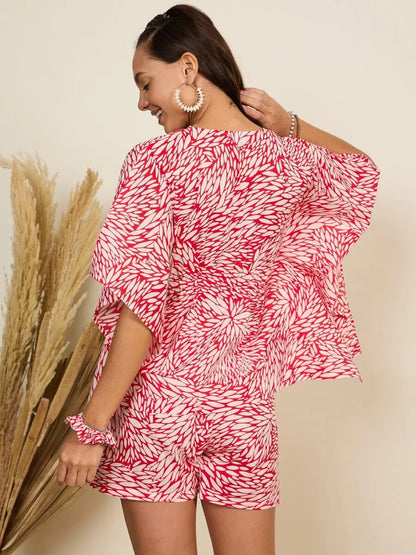 winered-woman-red-printed-kaftan-with-shorts-night-suit-set-for-women