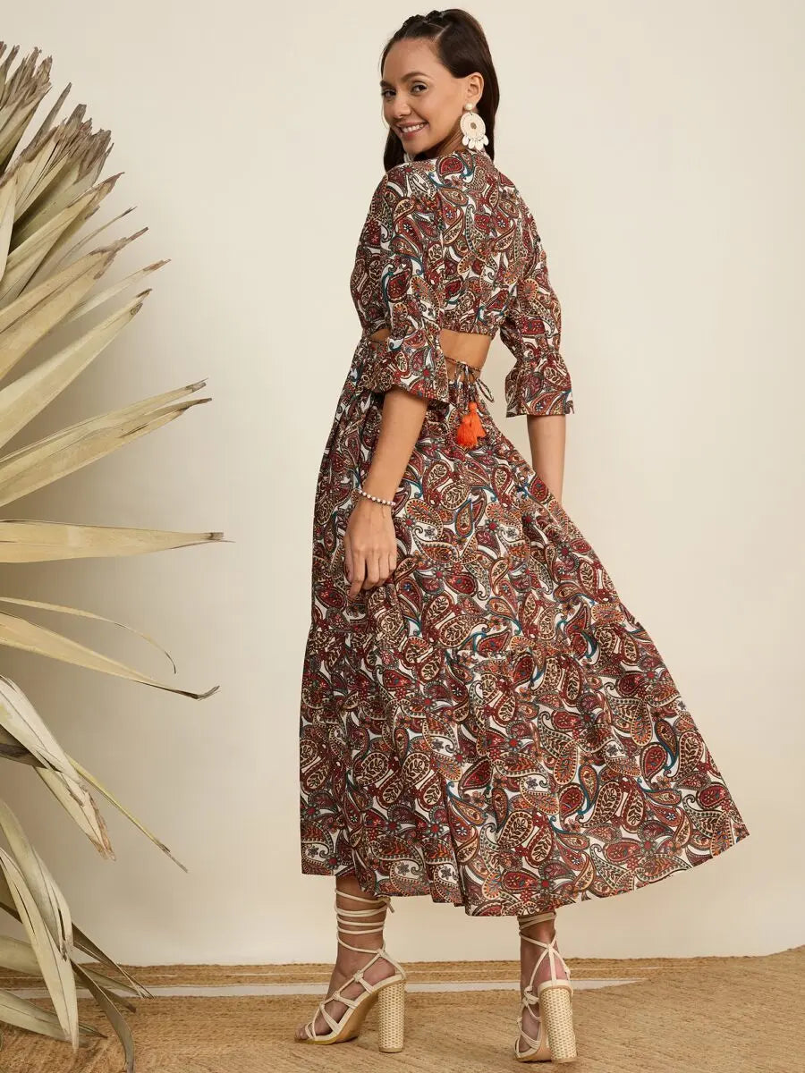 winered-women-paisley-print-waist-cut-out-brown-midi-dress