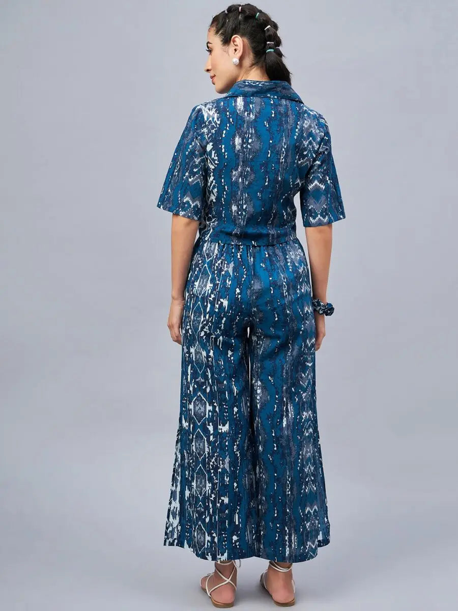 winered-woman-blue-front-knot-crop-shirt-with-flared-pant