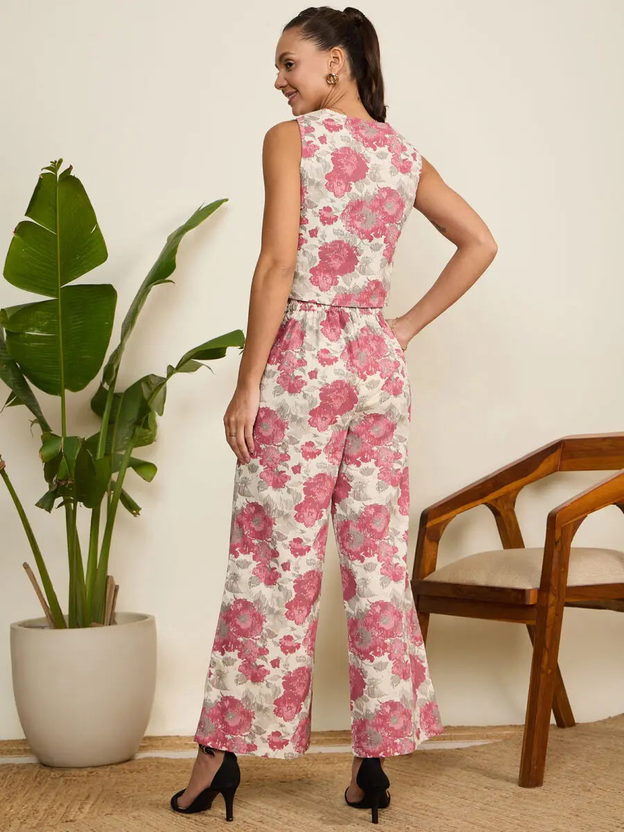 winered-woman-pink-floral-print-waistcoat-pant-co-ord-set
