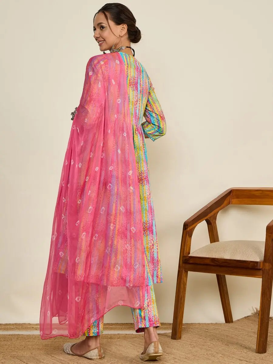 winered-women-printed-ruched-yoke-flare-kurta-pant-dupatta-set