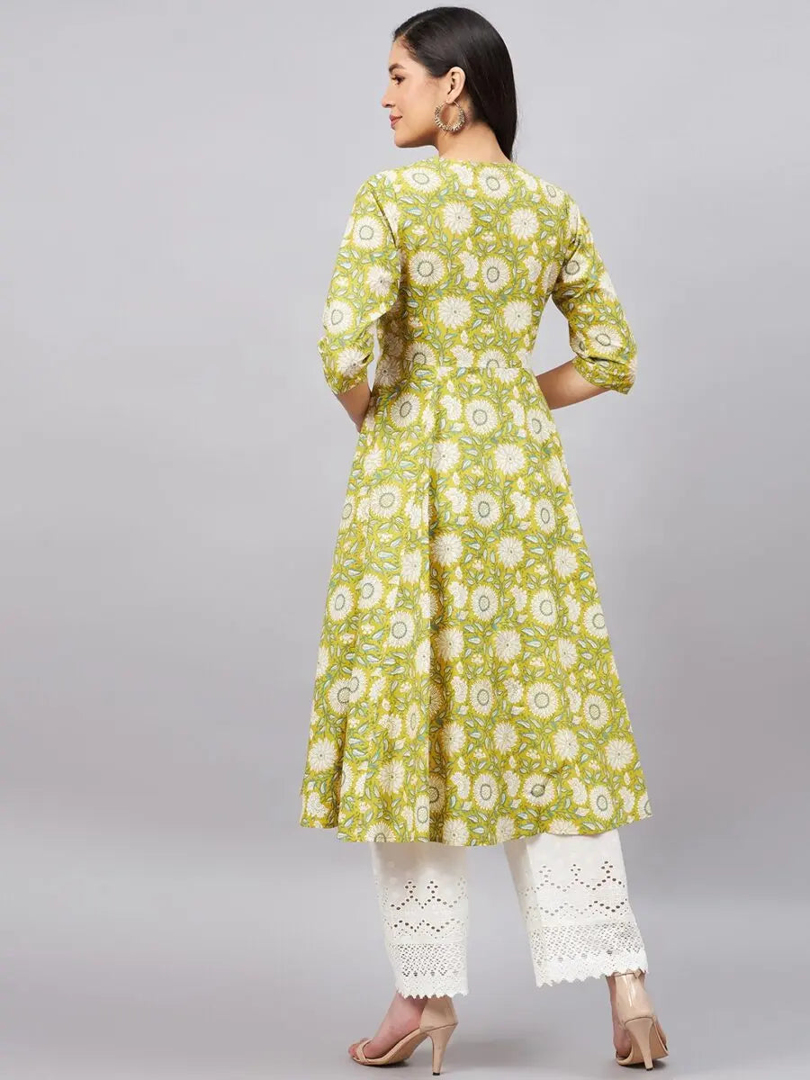 winered-women-yellow-floral-a-line-front-slit-kurta