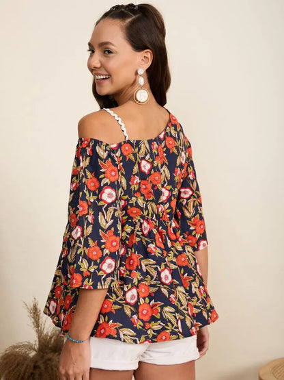 winered-women-navy-blue-floral-print-one-shoulder-top