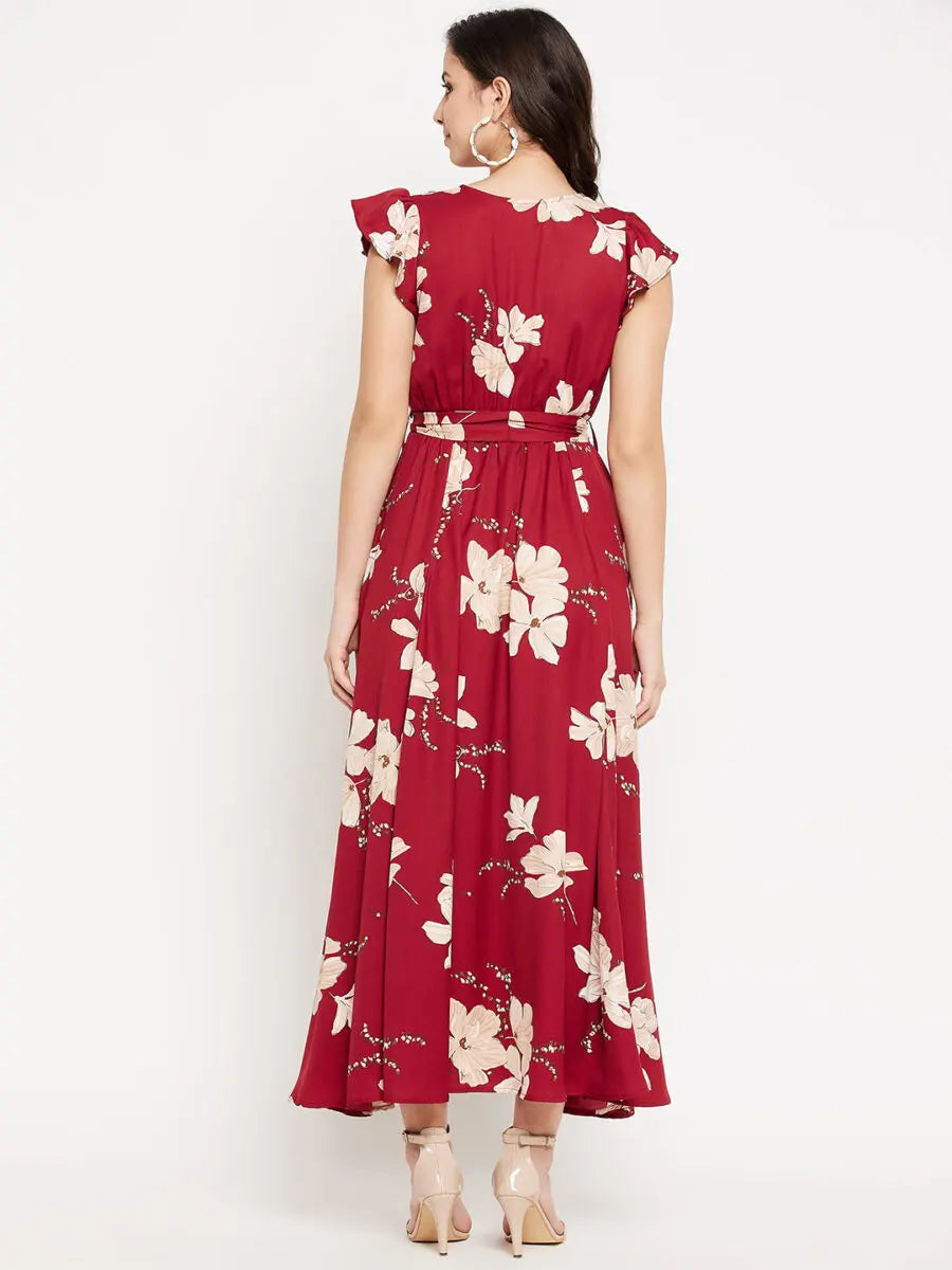 winered-indo-western-style-for-girls-maroon-floral-printed-butterfly-sleeve-belted-dress