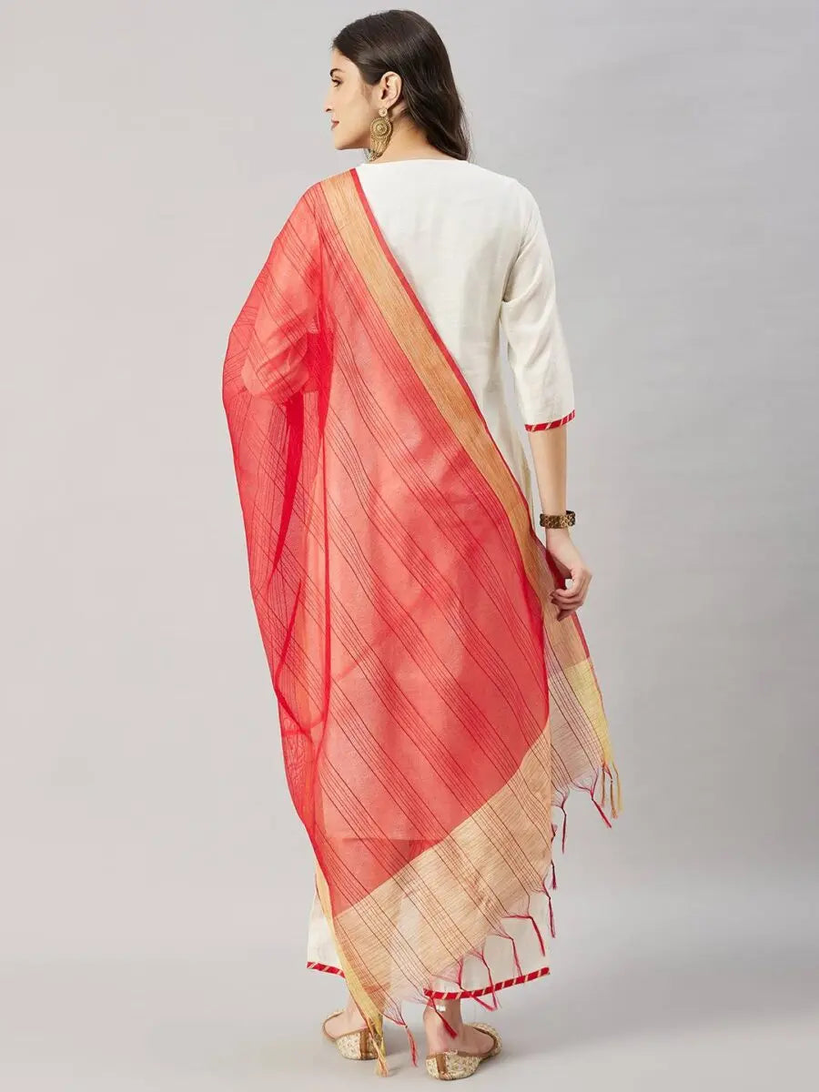 winered-woman-stylish-off-white-with-golden-neck-embroidery-red-dupatta-kurta-and-sets