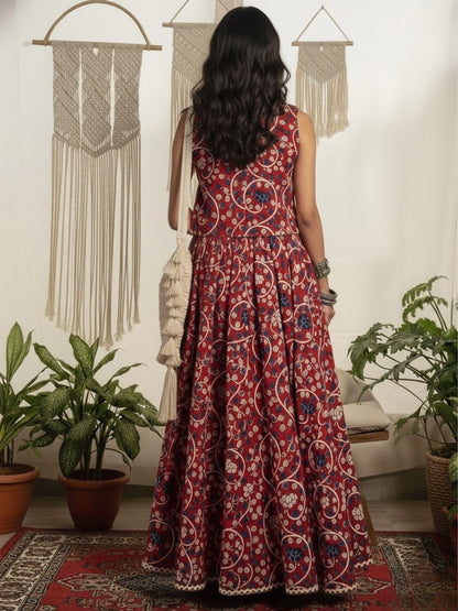 Women Red Cotton Lace detailing Waistcoat with Skirt Co-ord Set