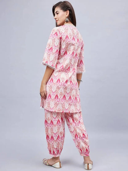 winered-woman-pink-printed-lace-detailing-co-ord-set