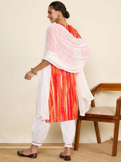 WineRed Woman Orange Embroidered Neck Straight Kurta set with Dupatta