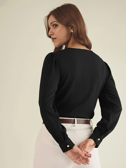 WineRed Women Black Collared Shirt with Contrast Embriodery
