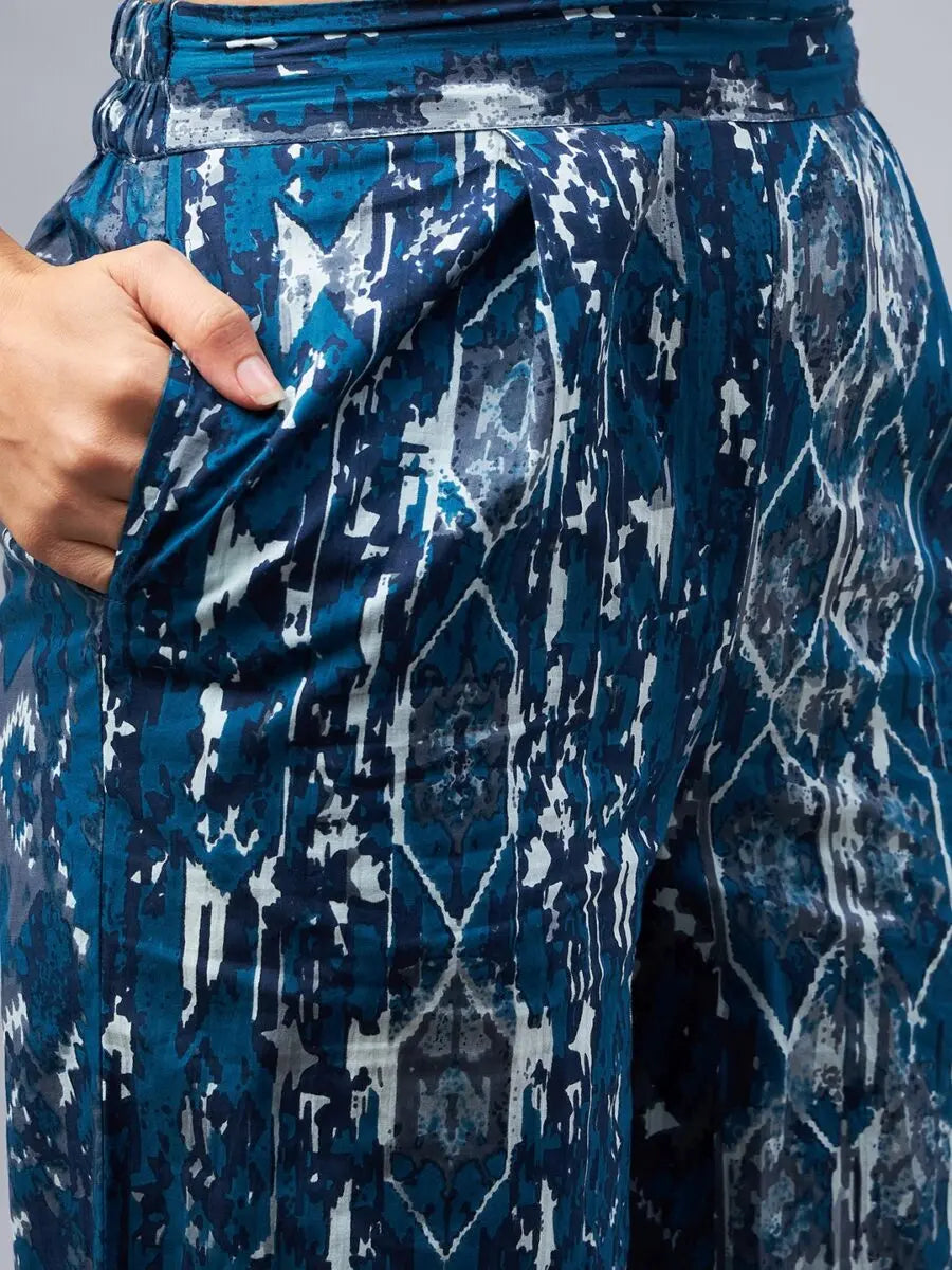 winered-woman-blue-front-knot-crop-shirt-with-flared-pant