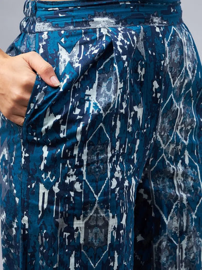 winered-woman-blue-front-knot-crop-shirt-with-flared-pant