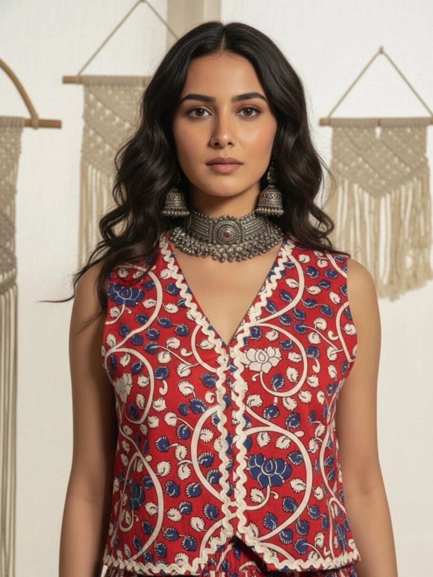 Women Red Cotton Lace detailing Waistcoat with Skirt Co-ord Set