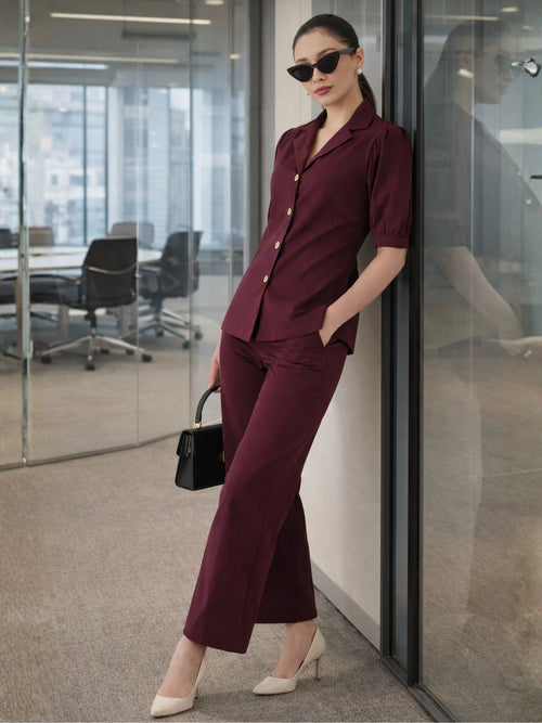Women Burgundy Puff Sleeves Co-ord Set