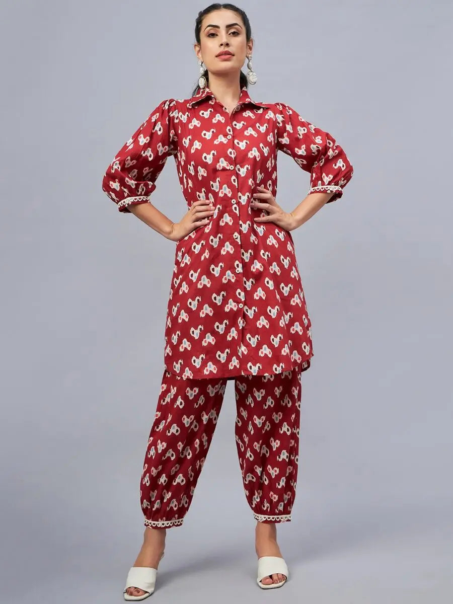 winered-rust-ikat-printed-front-opening-co-ord-set-for-women