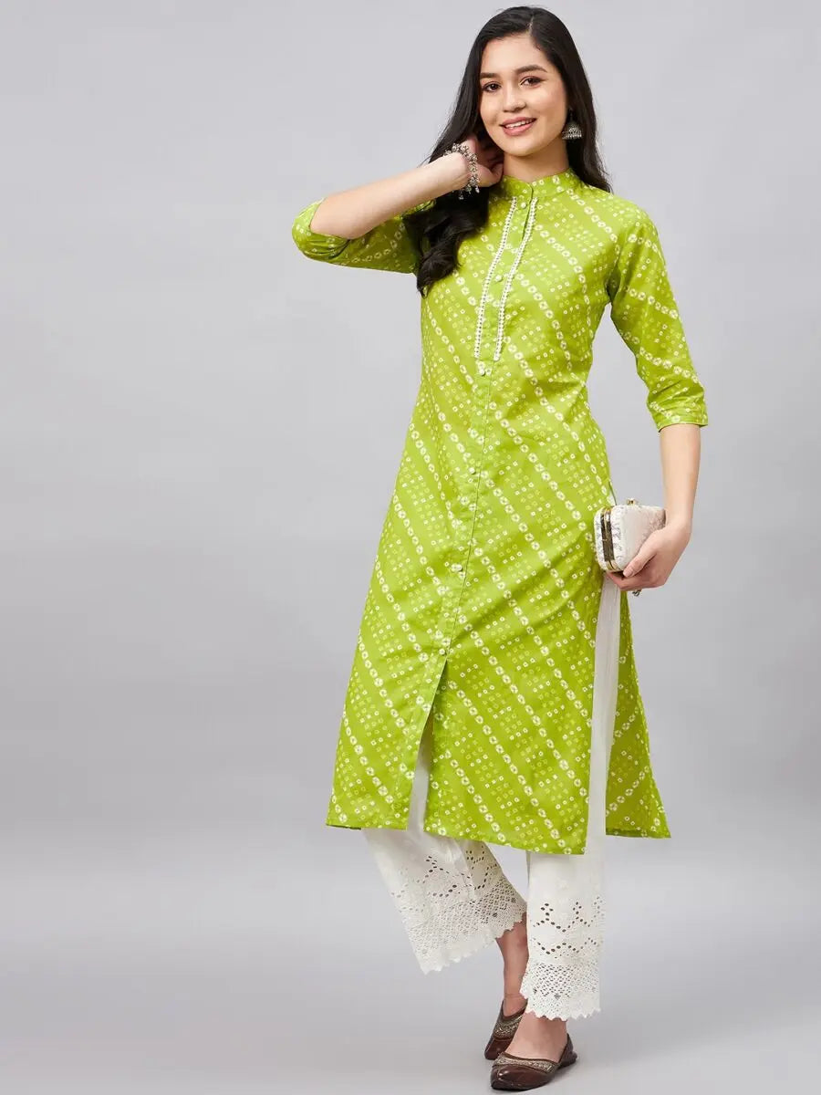 winered-women-green-printed-band-collar-front-slit-kurta