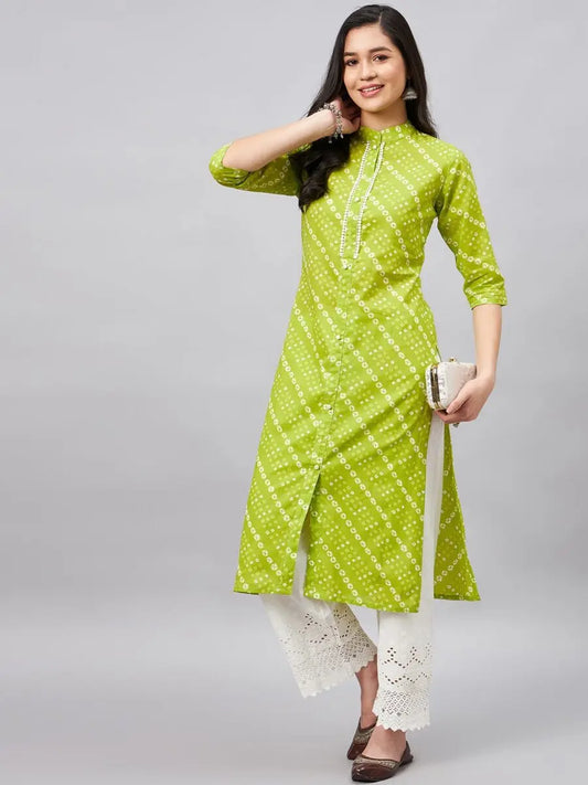 winered-women-green-printed-band-collar-front-slit-kurta