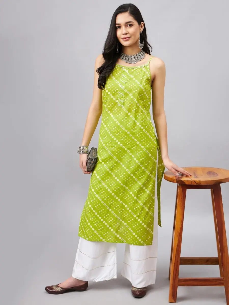 winered-women-green-bhandhej-print-strap-kurta-with-gota