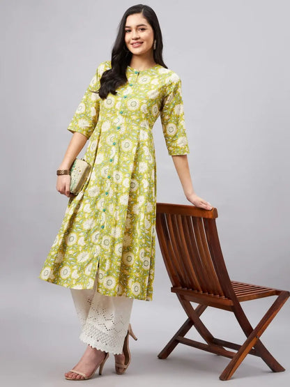 winered-women-yellow-floral-a-line-front-slit-kurta