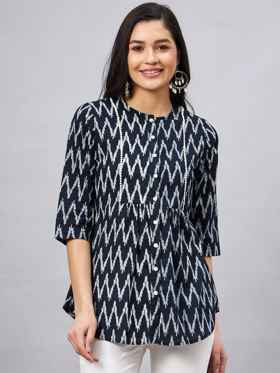 winered-women-black-and-white-summer-tunic-tops-ikat-print-front-opening