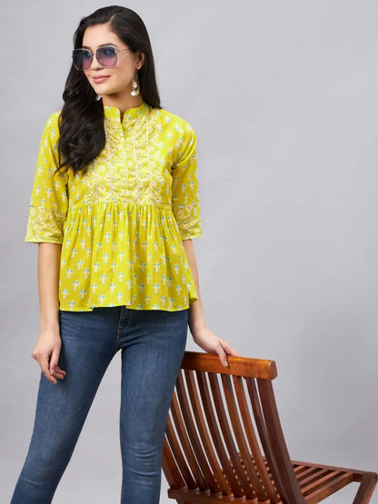 winered-women-lime-green-printed-top-with-gota-detailing-at-yoke