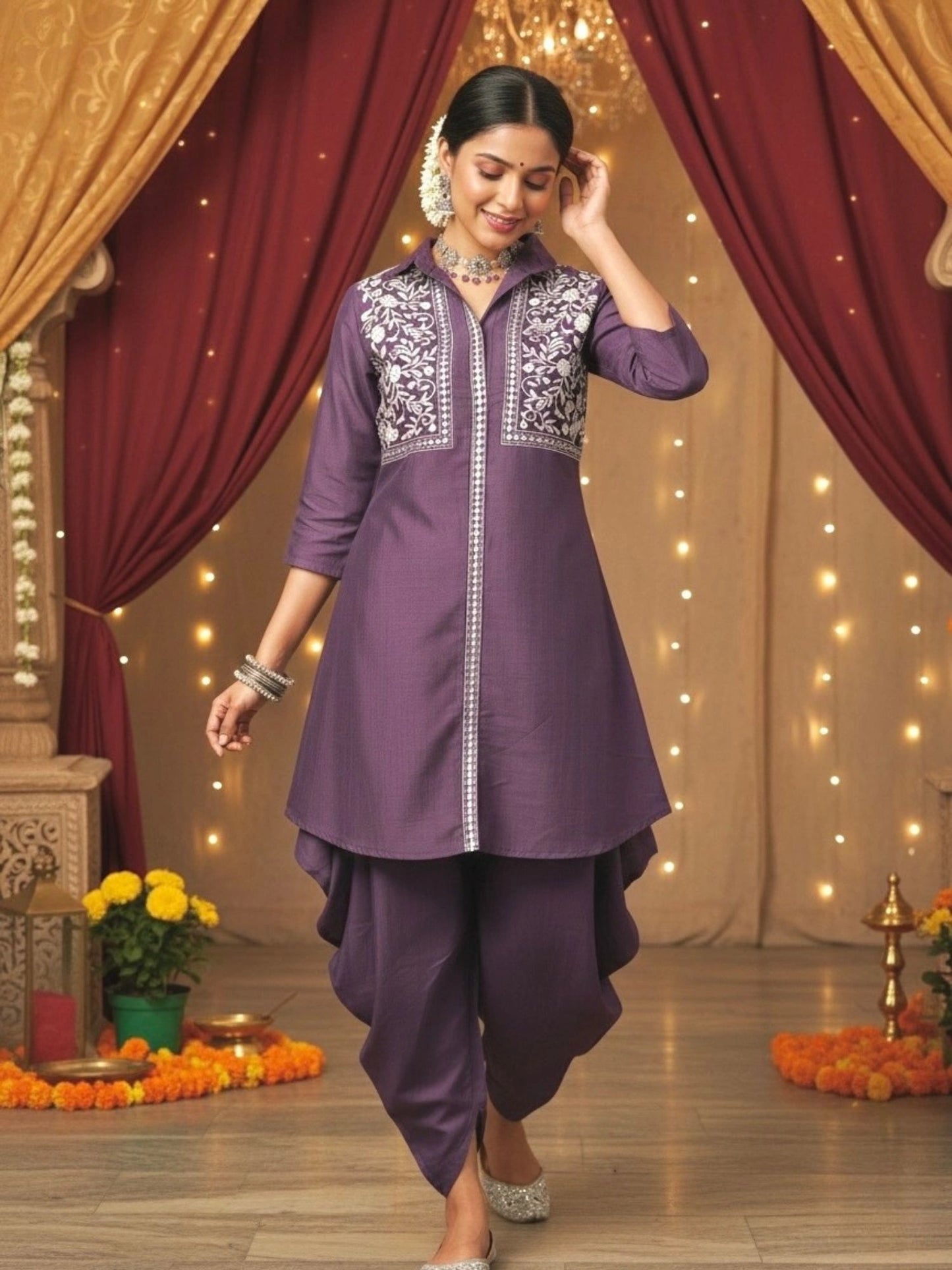 Women Purple Embroidered Tunic with Harem Salwar Coord Set