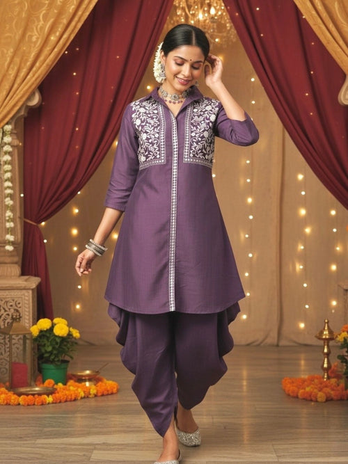Women Purple Embroidered Tunic with Harem Salwar Coord Set