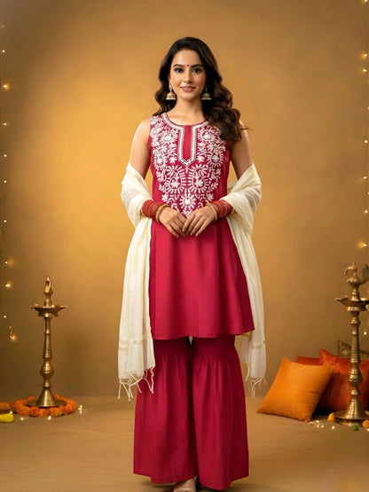 Women Red Flared Kurta, Sharara and Dupatta Set