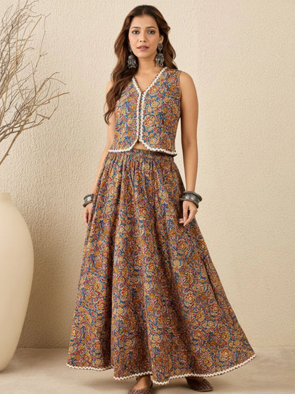 Women Printed Cotton Lace detailing Waistcoat with Skirt Co-ord Set